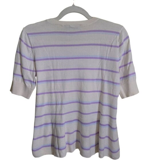 Loft 100% Cotton White Lavender Striped Peplum Sweater Size S - Picture 2 of 5